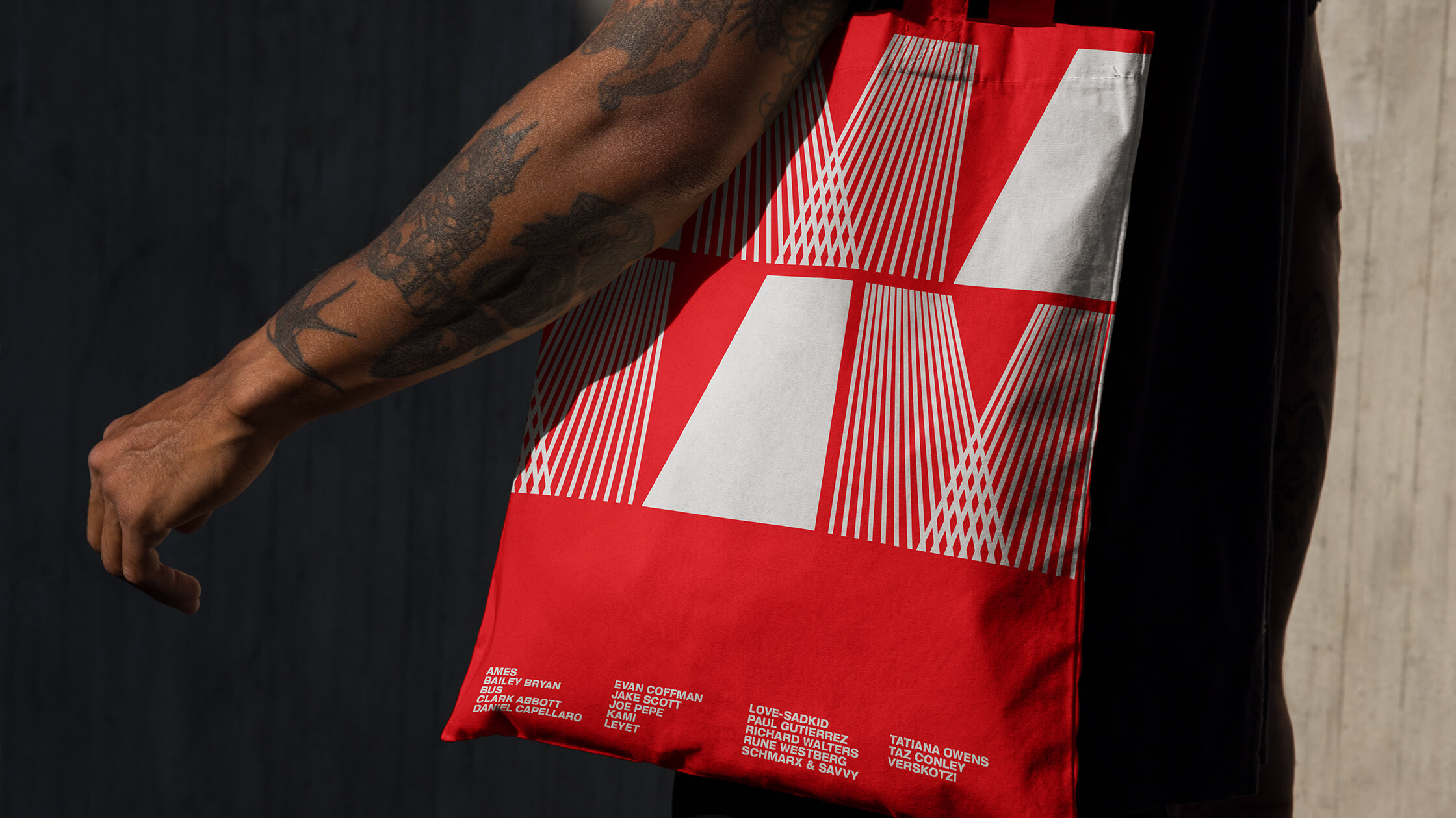 Angry Mob Music brand identity applied to a bag, demonstrating flexibility across physical products.