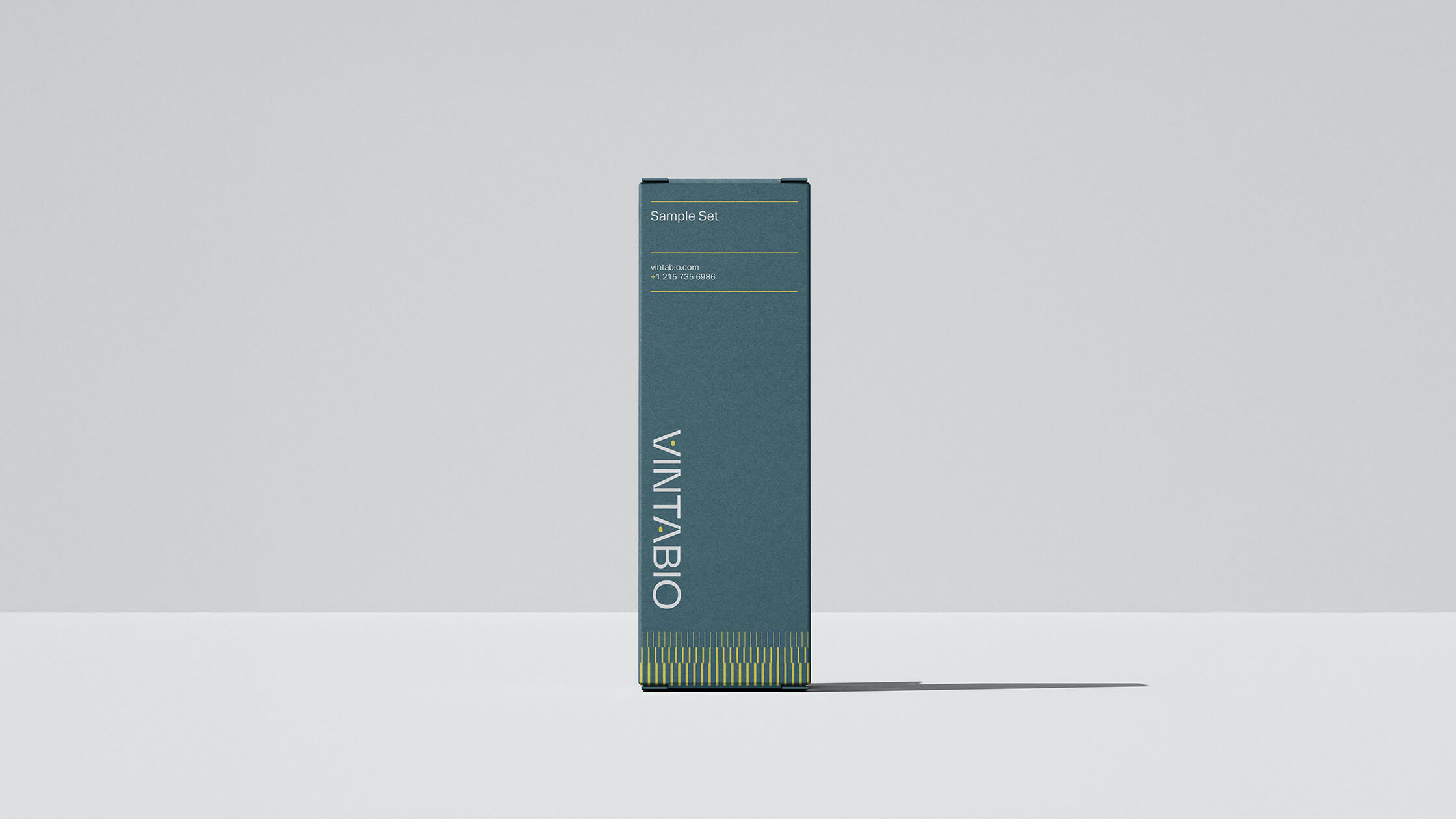 Sample box designed by Igawa Design for VintaBio, featuring clean typography, subtle yellow accents, and a structured layout. The packaging reflects VintaBio's precision and innovation, aligning with their cutting-edge gene therapy branding.