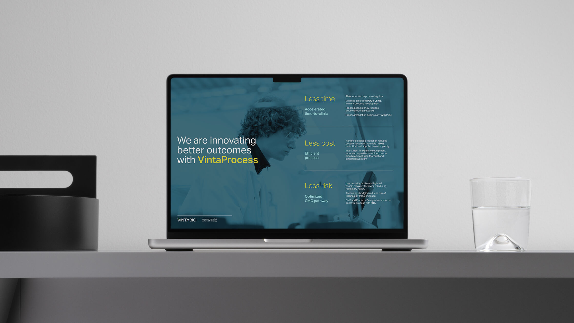 Investor deck slide for VintaBio designed by Igawa Design, showcasing the VintaProcess value proposition,' presented alongside clean visuals and structured typography.